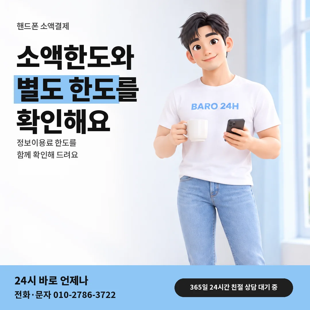 BARO 24H 티셔츠를 입은 3D 인물 옆에 「핸드폰 정보이용료 한도 안내」 제목을 얹은 안내 카드