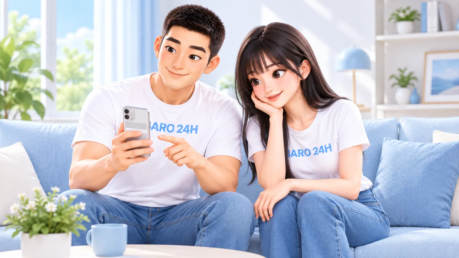 밝은 방에서 휴대폰으로 상담 내용을 함께 보는 BARO 24H 티셔츠 차림의 3D 인물들